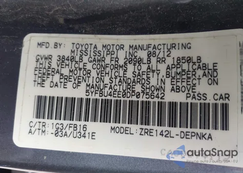 2013 Toyota Corolla Le from USA, damaged, VIN 5YFBU4EE0DP075642